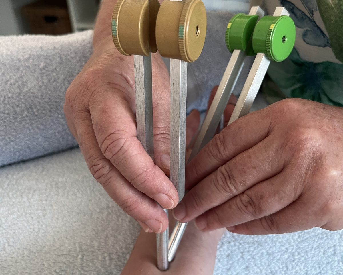 Tuning forks used during a sound therapy session